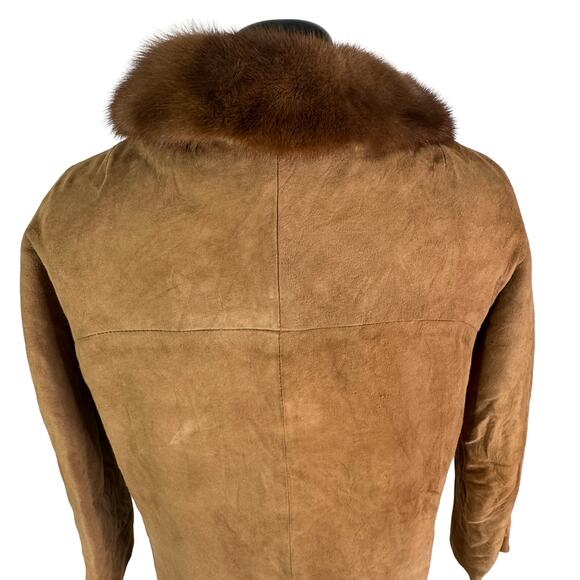 Vintage Brown Suede Coat with Dark Mink Fur Collar XS–S - Picture 3 of 16